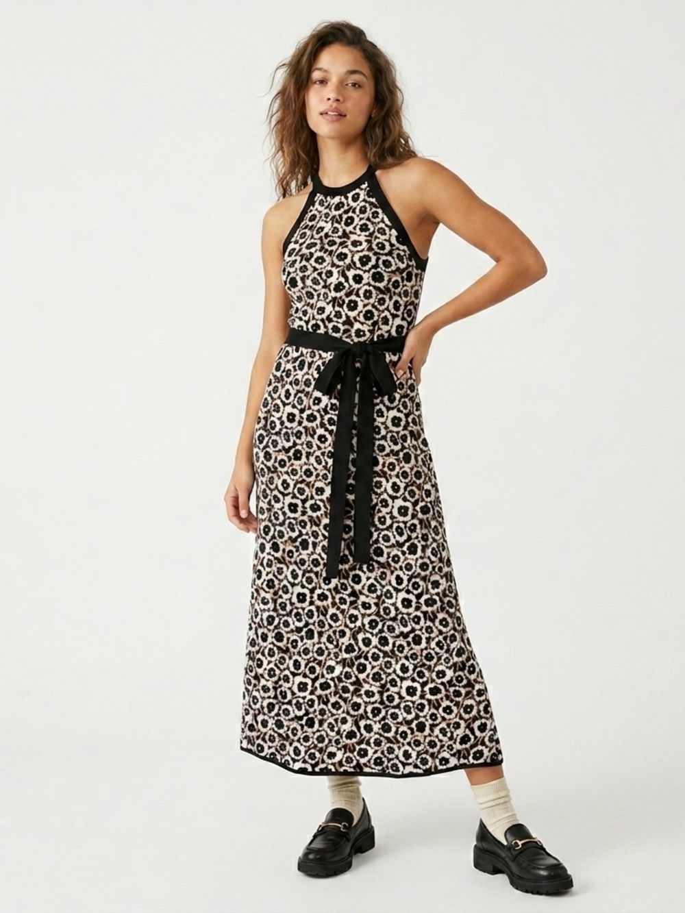 DVF Target Black Floral Halter Neck Tie Waist Knit Sweater Midi Dress XS